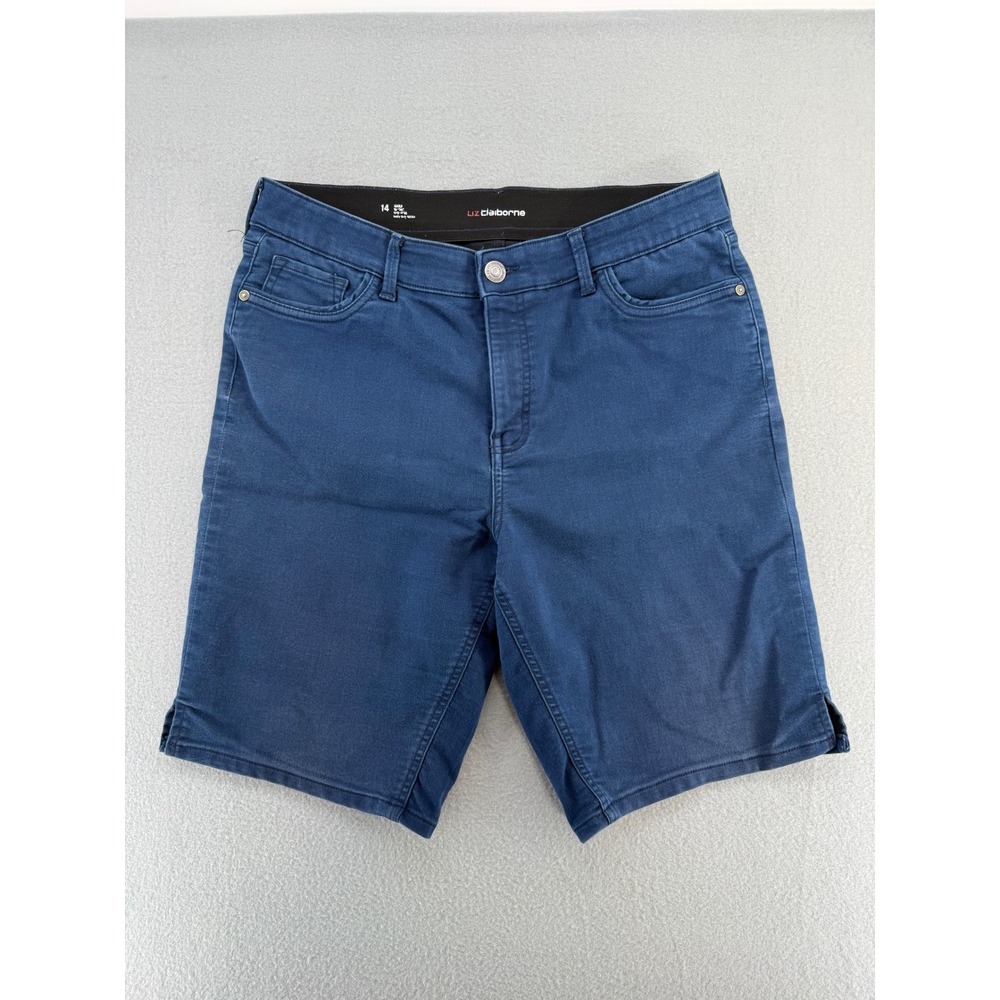 Liz Claiborne Sara Mid Rise Blue Denim Shorts Womens 14 Elastic Waist Stretch